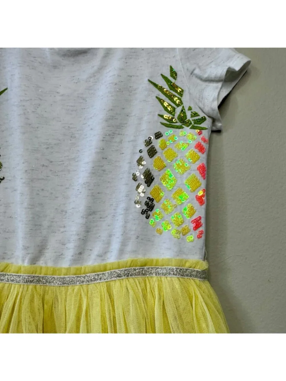 MONSOON Pineapple Disco Dress Girls 7-8 Yellow Tulle Tutu Sequins Pineapples - Picture 3 of 8